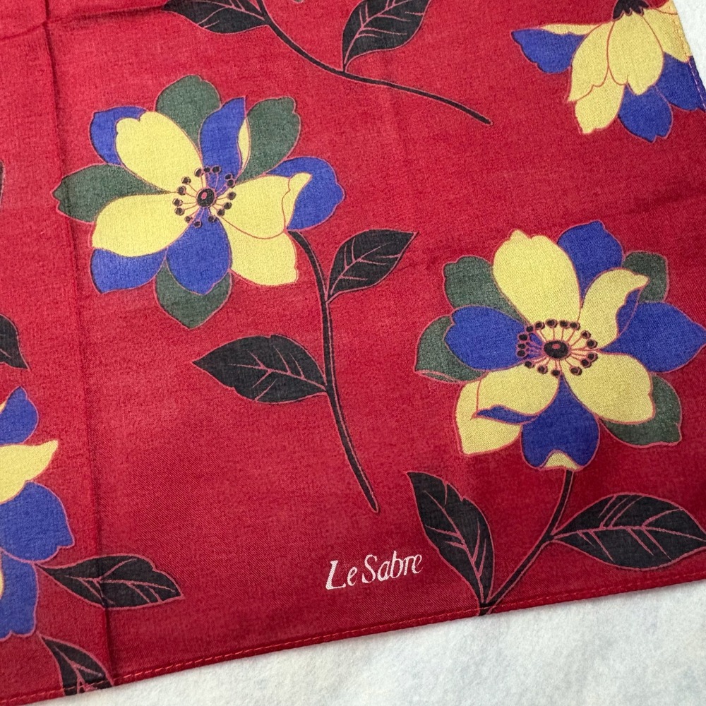 Vtg LE SABRE Scarf Handkerchief Floral Blossom Botanical Red Yellow Blue 16" - Picture 2 of 3